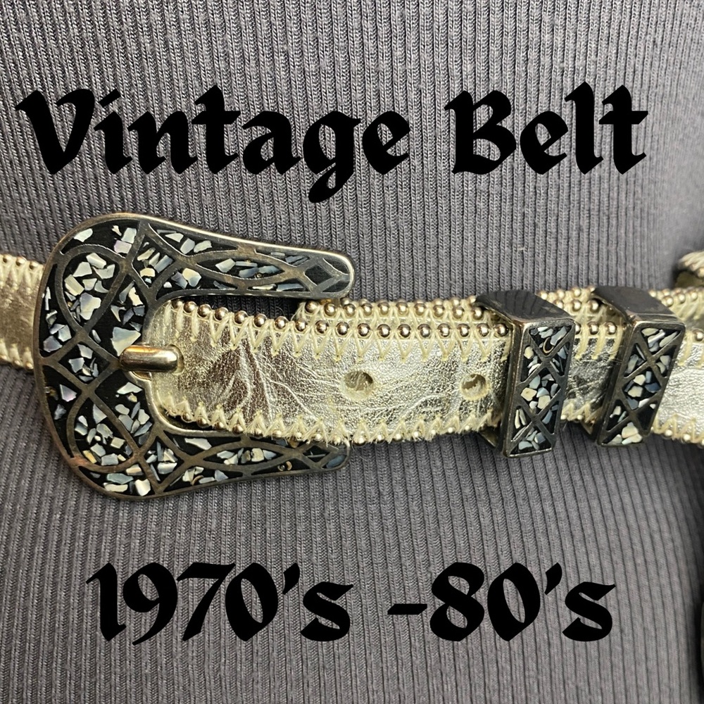 Vintage women’s belt, 1970’s-80’s, metallic silver  leather w/ abalone inlay, sm